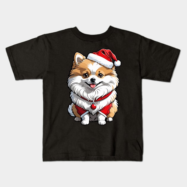 Cute pomeranian dog in santa costume Kids T-Shirt by dmerchworld